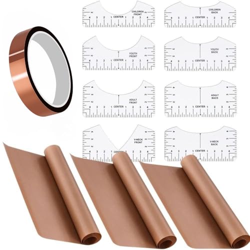 Tshirt Ruler Teflon Sheets Heat Tape,3 Teflon Sheets for Heat Press,8 Tshirt Ruler Guide for Vinyl Alignment,1 Heat Resistant Tape CFTfabMS