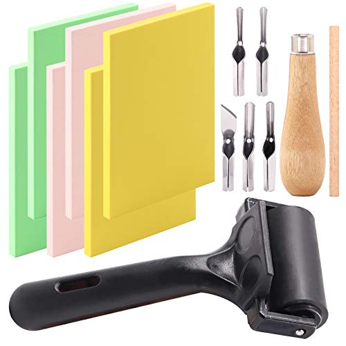 Keadic 12Pcs Soft Rubber Carving Blocks Kit, Comes with Linoleum Cutter Tools & 2 Inches Rubber Roller Brayer Rollers Glue Roller for Ink Paint Block