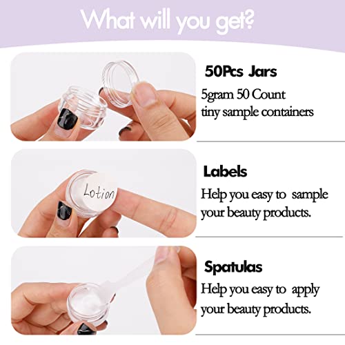 5 Gram Sample Containers with Lids, 50 Count 5ML Clear Sample Jars, Empty Lip Balm Containers with Lids, Small Makeup Travel Containers for Glitter, GOLACKY