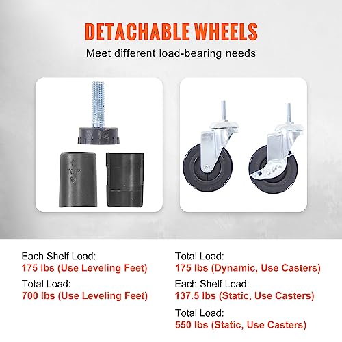 VEVOR Storage Shelving Unit with Wheels, 4-Tier Adjustable, 700 lbs Capacity, Heavy Duty Garage Shelves Metal Organizer Wire Rack, Black, 48" L x 18" VEVOR