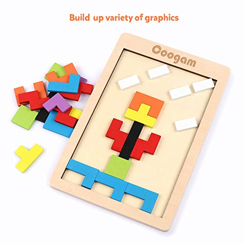 Coogam Wooden Blocks Puzzle Brain Teasers Toy Tangram Jigsaw Intelligence Colorful 3D Russian Blocks Game STEM Montessori Educational Gift for Kids Coogam