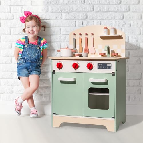 ROBOTIME Wooden Kitchen Playset for Kids Toddler, Wood Chef Pretend Play Kitchen Preschool Toy Kitchen Sets for Kids Boys Girls Ages 3 to 8 (Green) ROBOTIME