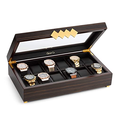 Glenor Co Large 12 Slot Wooden Watch Box For Men - Modern Luxury Case with Gold Buckle & Legs - Glass Display Storage - Mens Organizer - Black - WoodArtSupply