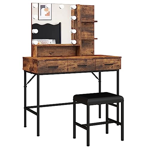 Vanity Table with Lighted Mirror, 3 Drawers Makeup Desk Dressing Table with Lots Storage Vanity Set with Wider Cushioned Stool for Bedroom (Brown) Panana
