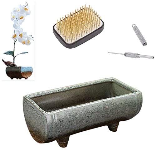 Japanese Flower Frog Ikebana Vase Kit, Ceramics Flower Container (6.7"Lx3.4"Wx2.75"H) with Rectangle Floral Frog (2.1"Lx1.4"W) and 2 in 1 Kenzan - WoodArtSupply