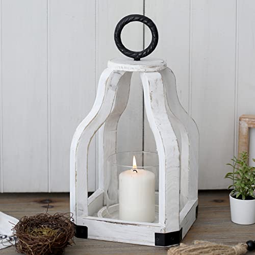 SwallowLiving 13" Rustic Farmhouse Wood Candle Hurricane Lantern with Glass Candlestick Holder for Patio, Table Centerpiece, White SwallowLiving