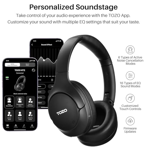 TOZO HT2 Hybrid Active Noise Cancelling Headphones, Wireless Over Ear Bluetooth Headphones, 60H Playtime, Hi-Res Audio Custom EQ via App Deep Bass TOZO