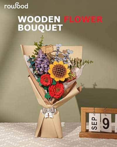 Rowood Artifical Flowers,Wooden Flower Bouquet Building Sets for Adults,Botanical Collection,Unique Home Decor,Gift for Women/Mom/Her/Him on Birthday RoWood