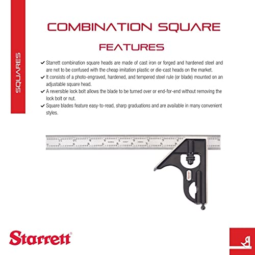 Starrett Steel Combination Square with Square Head - 12" Blade Length, Forged and Hardened Steel Heads, Reversible Lock Bolt, Scriber, 4R Graduation - WoodArtSupply