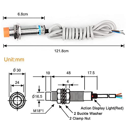 InduSKY 2pcs 8mm Inductive Proximity Sensor Detecting Distance Approach Sensor Cylinder Proximity Switch NPN NO DC 6-36V 300mA 3-Wire (Diameter 18mm) - WoodArtSupply