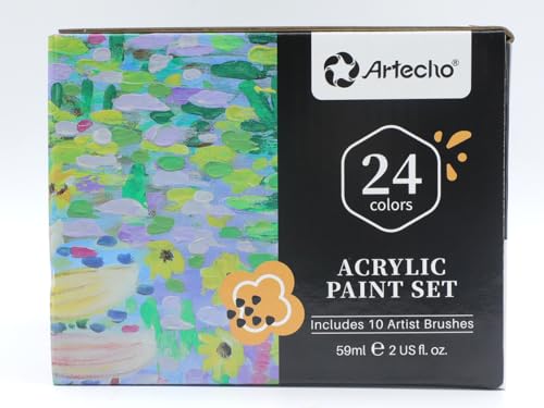 Artecho Acrylic Paint Set 24 Colors 2oz/59ml with 10 Paintbrushes, Art Craft Paint for Art Supplies, Paint for Canvas, Rocks, Wood, Fabric, Non Toxic - WoodArtSupply