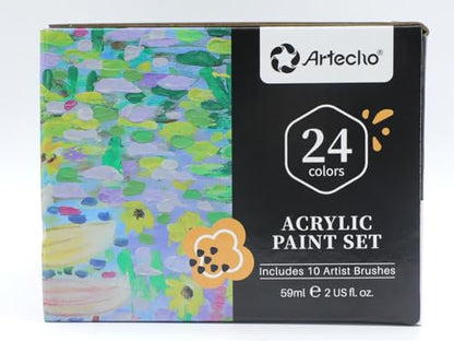 Artecho Acrylic Paint Set 24 Colors 2oz/59ml with 10 Paintbrushes, Art Craft Paint for Art Supplies, Paint for Canvas, Rocks, Wood, Fabric, Non Toxic