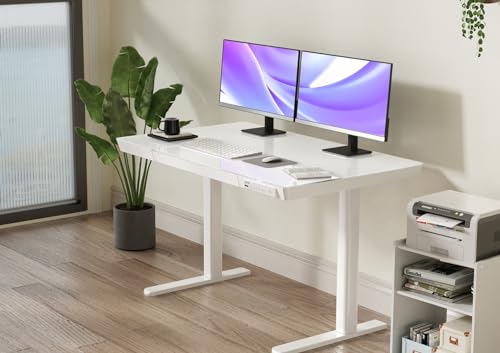 Claiks Glass Standing Desk with Drawers, 48×24 Inch Adjustable Stand Up Desk, Quick Install Home Office Computer Desk with USB Ports, White - WoodArtSupply