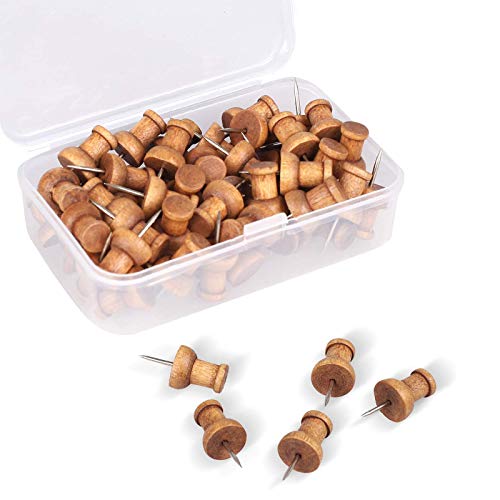 120 Pcs Wood Push Pins, Walnut, Standard, Wooden Thumb Tacks Decorative for Cork Boards Map Photos Calendar and Home Office Craft Projects with Box Phinus