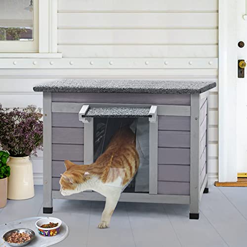 Outdoor Feral Cat House Weatherproof, Small Wooden Rabbit Hutch Bunny Cage Indoor-PVC Door Flaps - WoodArtSupply