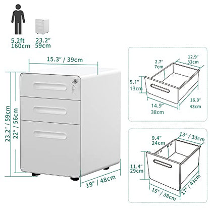 YITAHOME 3-Drawer Rolling File Cabinet, Metal Mobile File Cabinet with Lock, Filing Cabinet Under Desk fits Legal/Letter/A4 Size for Home/Office,