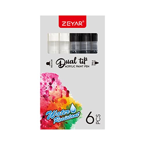 ZEYAR Dual Tip Acrylic Paint Pens, Medium Tip and Extra Fine Tip, Water Based Acrylic & Waterproof Ink, Assorted Colors (3 Black & 3 White)