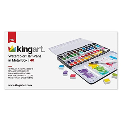 KINGART PRO Artist, Tin Box with Water Brush Watercolor Half-Pans, 48 Vibrant Colors Piece,518-48 - WoodArtSupply