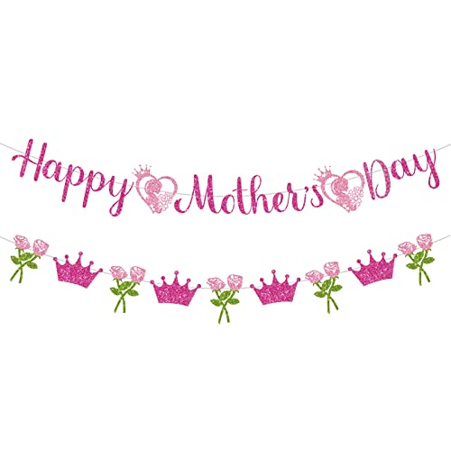 Whaline 2Pcs Happy Mother's Day Banner Set Pink Glitter Heart Rose Crown Pattern for Mother's Day Party Decorations Glitter Garland Photo Backdrop Whaline