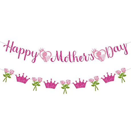 Whaline 2Pcs Happy Mother's Day Banner Set Pink Glitter Heart Rose Crown Pattern for Mother's Day Party Decorations Glitter Garland Photo Backdrop Whaline