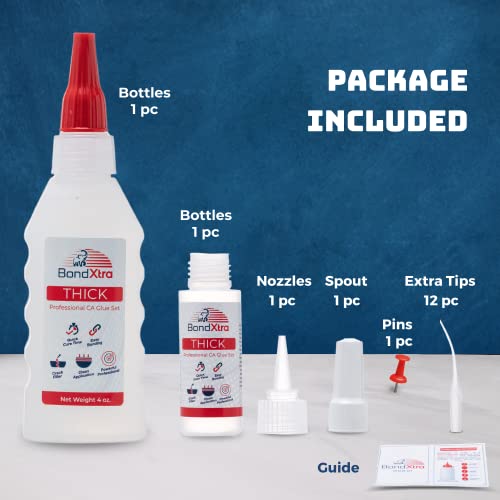 BondXtra 4 oz. Thick CA Glue for Woodworking, Premium Super Glue Kit for Wood Turning with Extra Bottles, Anti Clog Caps, Microtips, Thick Viscosity - WoodArtSupply