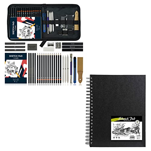 Tavolozza 34 Pack Drawing Art Pencils Set and conda 8.5"x11" Hardbound Sketch Book Tavolozza Fine Arts
