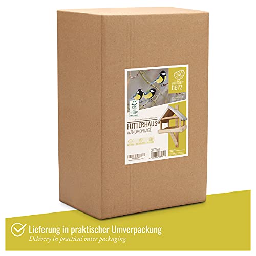 Wild Animal Heart XL Wooden Birdhouse with Weatherproof Metal Roof - Solid Wood Wall Bird Feeding House for Birds - Hanging Bird Feeding House wildtier herz