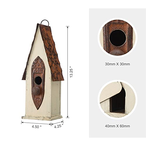 Glitzhome GH90103 Hanging Distressed Wooden Bird House Garden Decorative 13.25 Inch Tall, White - WoodArtSupply