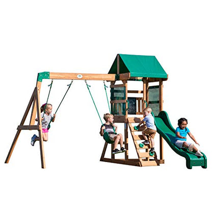 Backyard Discovery Buckley Hill Wooden Swing Set, Made for Small Yards and Younger Children, Two Belt Swings, Covered Mesh Fort with Canopy, Rock - WoodArtSupply