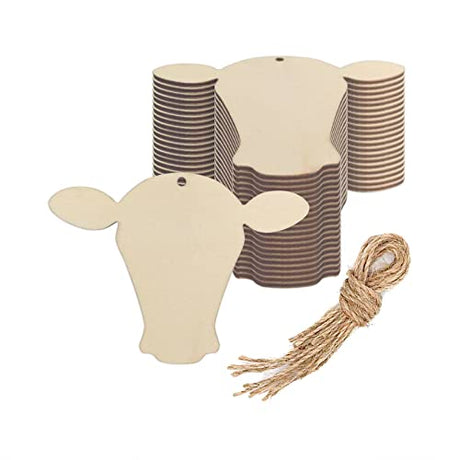 20pcs Cow Head Wood DIY Crafts Cutouts Wooden Cow Head Shaped Hanging Ornaments with Hole Hemp Ropes Gift Tags for Baby Shower Wedding Birthday Creaides