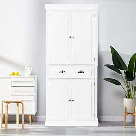 VINGLI 72-Inch White Storage Cabinets with Drawers, Freestanding Pantry Cabinets with Doors and Shelves Adjustable, Wood Farmhouse Kitchen Pantry VINGLI