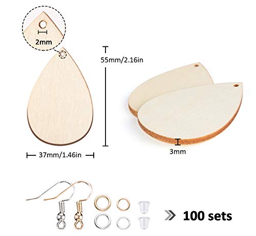 ilauke 100pcs Sublimation Earring Blanks Bulk, Unfinished Wood Earrings Teardrop Pendants, Earring Findings Wood Blanks for Women Girls DIY Earring - WoodArtSupply