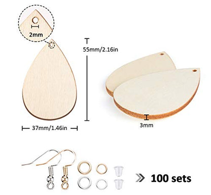 ilauke 100pcs Sublimation Earring Blanks Bulk, Unfinished Wood Earrings Teardrop Pendants, Earring Findings Wood Blanks for Women Girls DIY Earring - WoodArtSupply