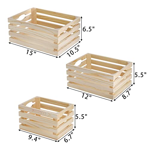ZENFUN 3 Pack Wooden Nesting Crates with Handles, Decorative Hand Crafted Wood Box Nesting Crate Farmhouse Storage Basket Container for Display and
