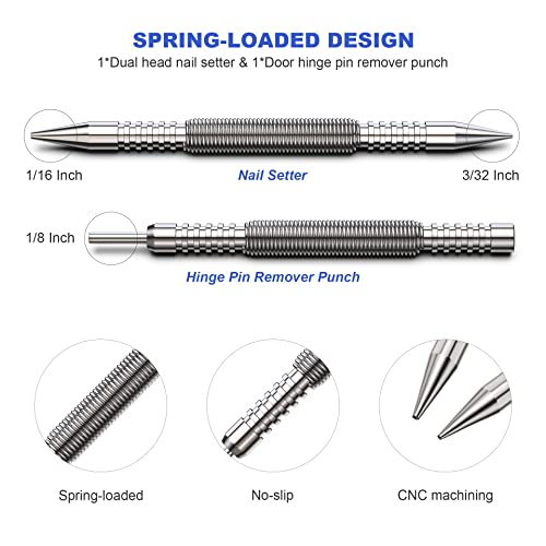 Glieskir Spring Loaded Nail Set Tools,2-PCS Dual Head Nail Setter and Hinge Pin Punch Set, Hammerless 1/16″& 3/32″Spring Nail Set, Super Strong Force Glieskir