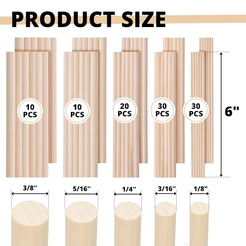 100 PCS Wooden Dowel Rods 6 inch Wood Dowels Assorted Sizes Wood Craft  Sticks 1/8 3/16 1/4 5/16 3/8 x 6 Inch Bamboo Wood Sticks Long Wooden Sticks  for