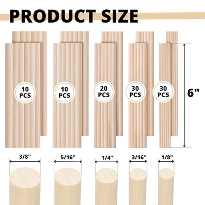 100 PCS Wooden Dowel Rods 6 inch Wood Dowels Assorted Sizes Wood Craft Sticks 1/8 3/16 1/4 5/16 3/8 x 6 Inch Bamboo Wood Sticks Long Wooden Sticks