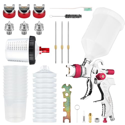 YUZES HVLP Spray Gun with Rapid Paint Mixing Graduated Cup, 1.4/1.7/2.0mm Copper Nozzles Automotive Paint Gun Set, 10 Disposable 600ML Cups, Spray - WoodArtSupply