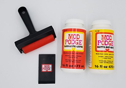 Two 16oz Bottles of Mod Podge Waterbase Sealer/Glue/Finish (Matte Finish + Gloss Finish) with Decoupage Tool Set - 4.5" Brayer and 3.5x2.5" Squeegee - WoodArtSupply