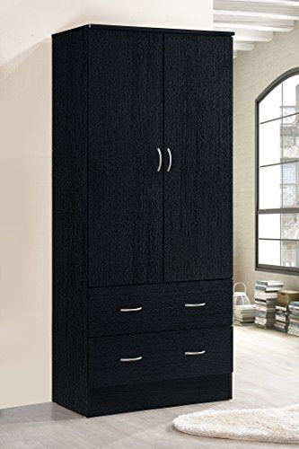 HODEDAH 2 Door Wood Wardrobe Bedroom Closet with Clothing Rod inside Cabinet and 2 Drawers for Storage, Black Hodedah
