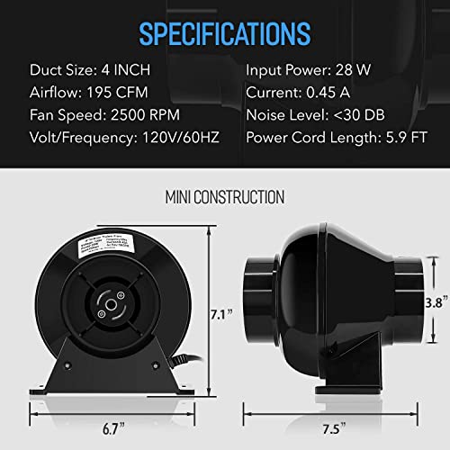 YSSOA 4 Inch Inline Duct Ventilation Fan 195 CFM HVAC Vent Blower Exhaust Booster for Hydroponics Grow Tent, Quiet YSSOA