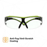 3M Safety Glasses, SecureFit 400X, ANSI Z87, Anti-Fog Anti-Scratch Clear Lens, Green and Black Frame, Brow Guard, Lightweight, Soft Nose Bridge and 3M SecureFit