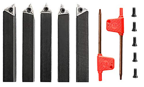 Toolly 5 Pieces 3/8 Inch Mini Lathe Indexable Carbide Insert Bit Tool Set for Turning, Cutting, Facing, Boring and Chamfering Toolly