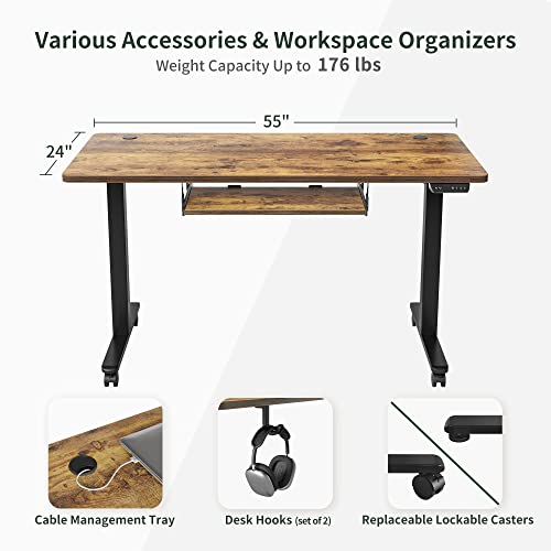 FEZIBO Standing Desk with Keyboard Tray, 55 × 24 Inches Electric Height Adjustable Desk, Sit Stand Up Desk, Computer Office Desk, Rustic Brown FEZIBO