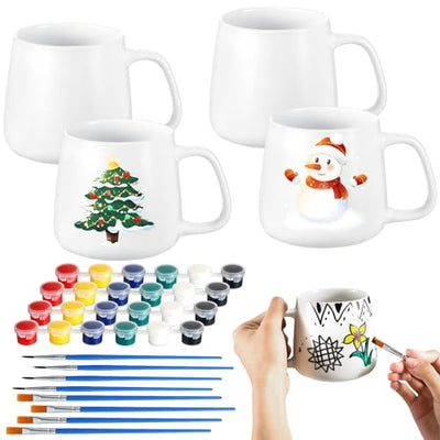 Tticai 4 Sets Paintable Mugs Painted Mug Kits Ceramic Mug to Paint 4 Pcs Blank Coffee Mugs and 4 Pcs Painting Supplies Paint Your Own Mug DIY Coffee