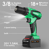 YIOU 20V MAX Cordless Drill, 18 Position Clutch Drill with 23PCS Drill Set, 3/8 Inches Keyless Chuck Power Drill and Battery Charger, Green Driller YIOU