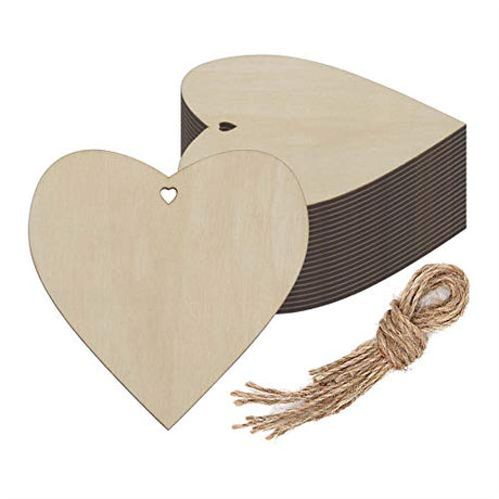 Creaides Wooden Heart Shaped Hanging Ornaments Heart Wood DIY Crafts Cutouts with Hole Hemp Ropes Gift Tags for Wedding Birthday Happy Mother's Day Creaides