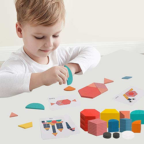 USATDD 180 Pcs Wooden Tangrams Pattern Blocks Set Geometric Manipulative Shape Puzzle Kindergarten Classic Educational Montessori Toys for Kids - WoodArtSupply