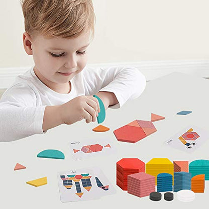 USATDD 180 Pcs Wooden Tangrams Pattern Blocks Set Geometric Manipulative Shape Puzzle Kindergarten Classic Educational Montessori Toys for Kids - WoodArtSupply