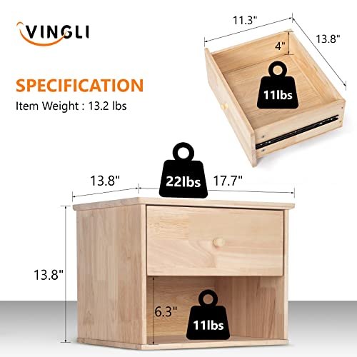 VINGLI Unfinished Natural Solid Wood Floating Nightstand for Bedroom Set of 2, Small Nightstand with Drawer & Open Shelf, Farmhouse Night Stand